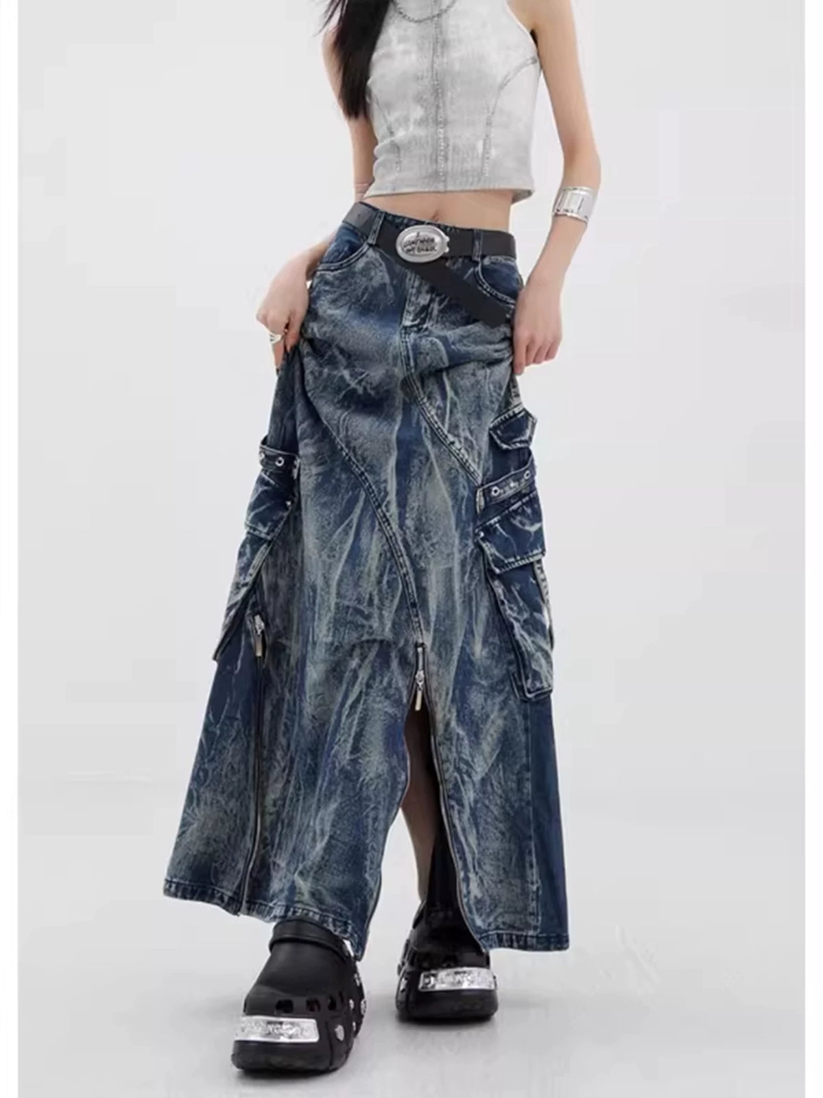Irregular American Workwear Denim Maxi Skirt for Women, Plus-Size Statement Design, Subculture Y2K High Waist Slimming Skirt
