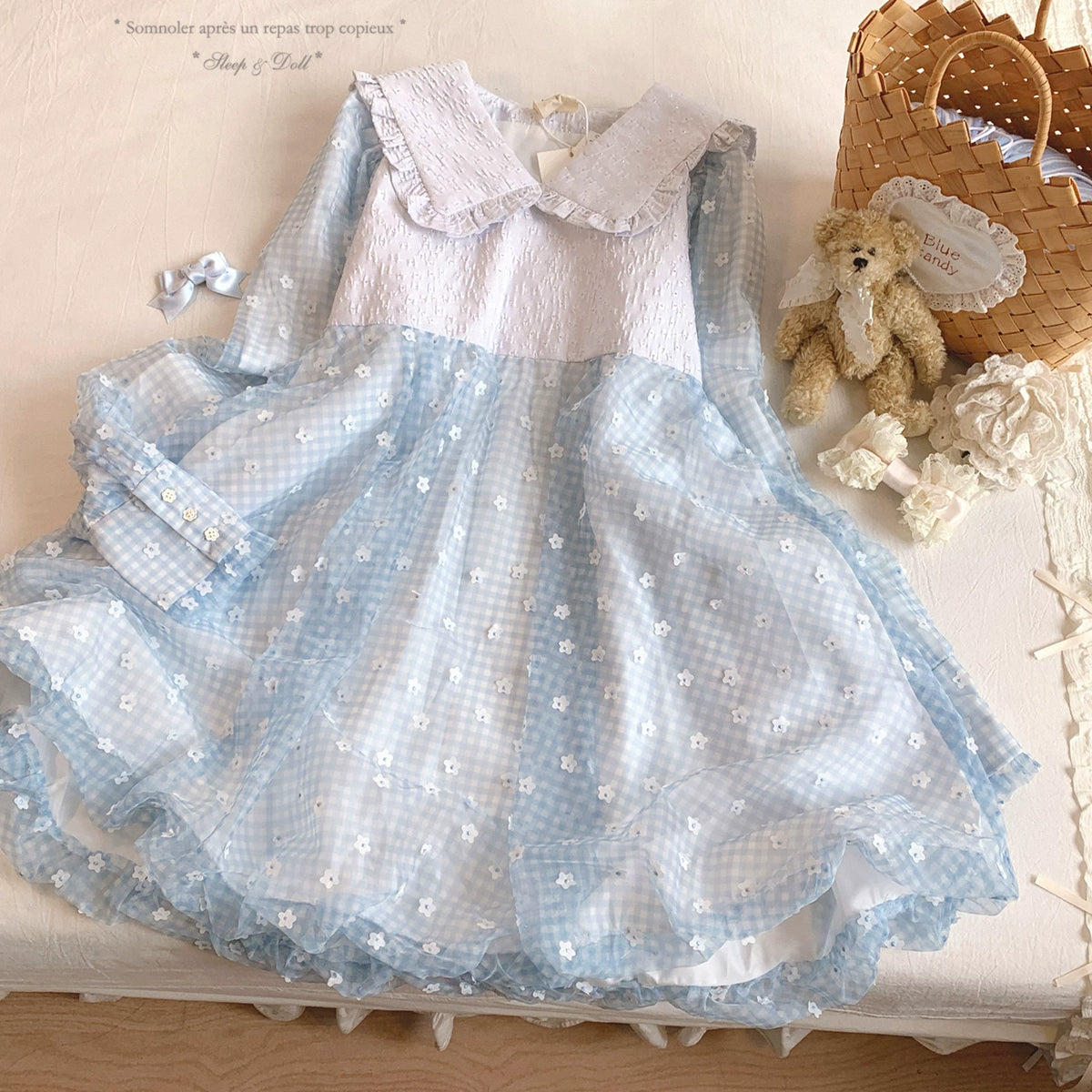 Last-Stock Rcyjs Cute Texture Doll Collar Contrast Printed All-Over Floral Mesh Gingham Pattern A-Line Puff Dress
