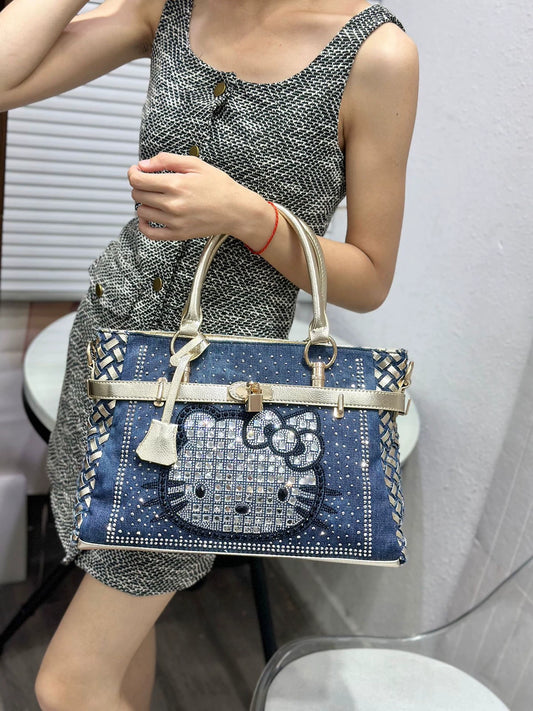 iPinee Trendy European & American Style Rhinestone Cat Lock Denim Tote Bag, Large-Capacity Shoulder & Crossbody Bag