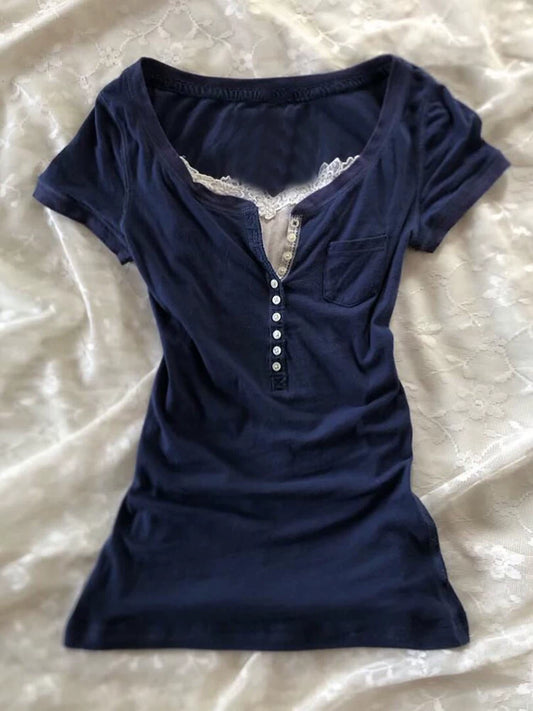 Blue Vintage V-Neck Short-Sleeve T-Shirt for Women 2026 Summer—Waist-Defining, Flattering & Versatile, A Niche Style Essential