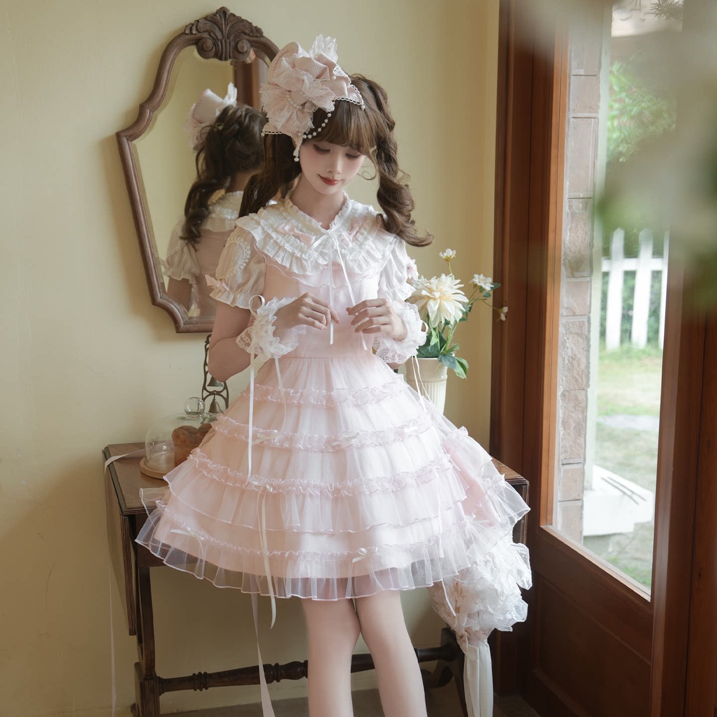 LaLa Sauce “Cherry Blossom Qu” Vintage-Inspired Heavy Craftsmanship Cute Doll Collar Dress Sweet Princess Dress Skirt Set