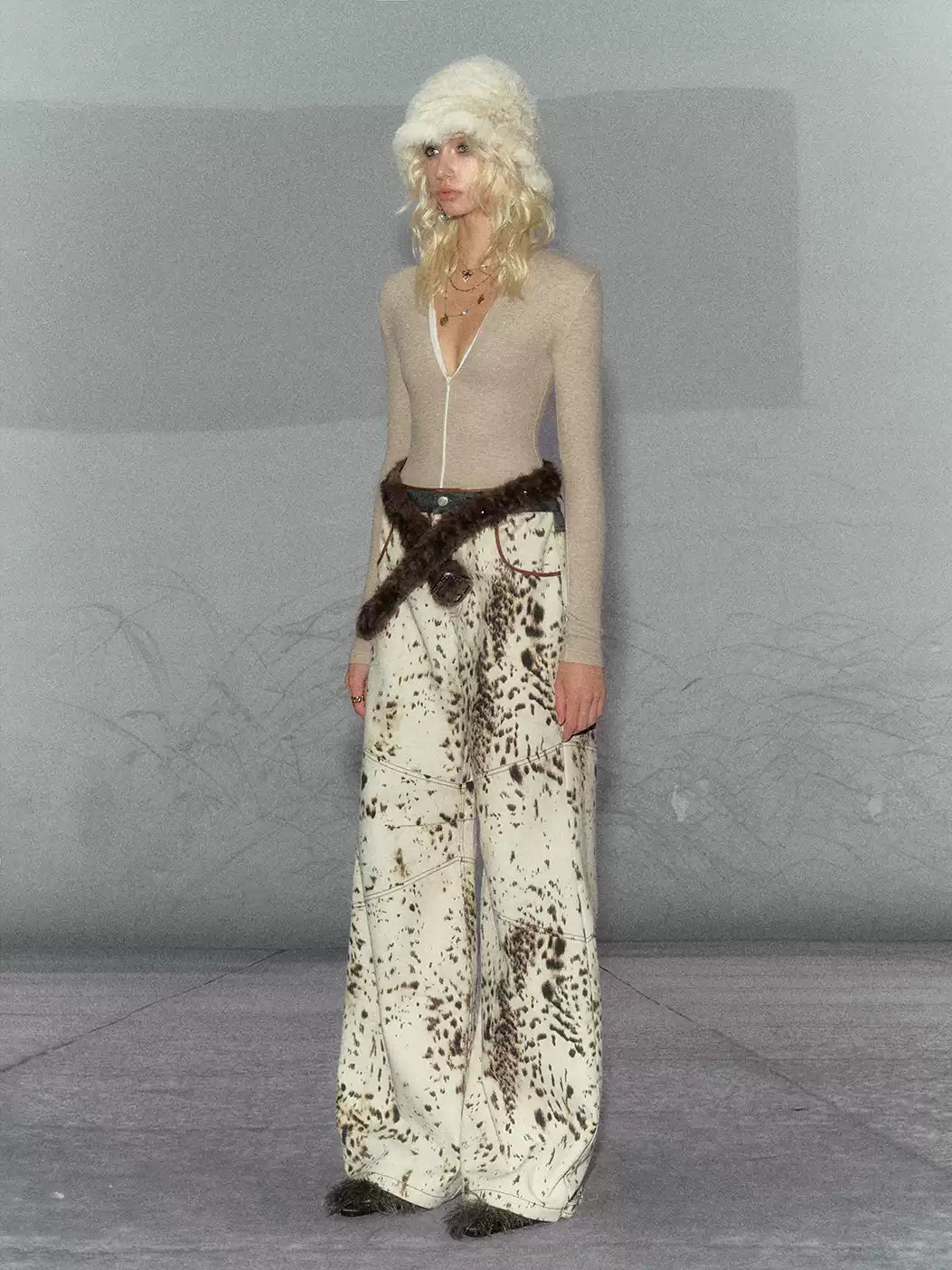 American Leopard Print Denim Wide Leg Pants