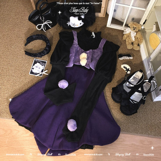 Final Stock Cute Magical Girl Stand Collar Puff Sleeve Shirt-Dress with Layered Look, Waist-Slimming Wool Blend Midi Dress