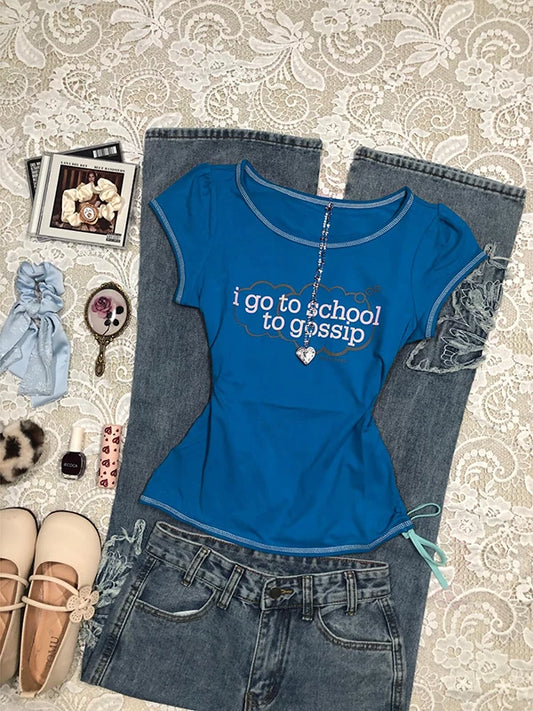 Blue Letter Crew Neck Short Sleeve T-Shirt for Women Summer Vintage Retro Outfit Top