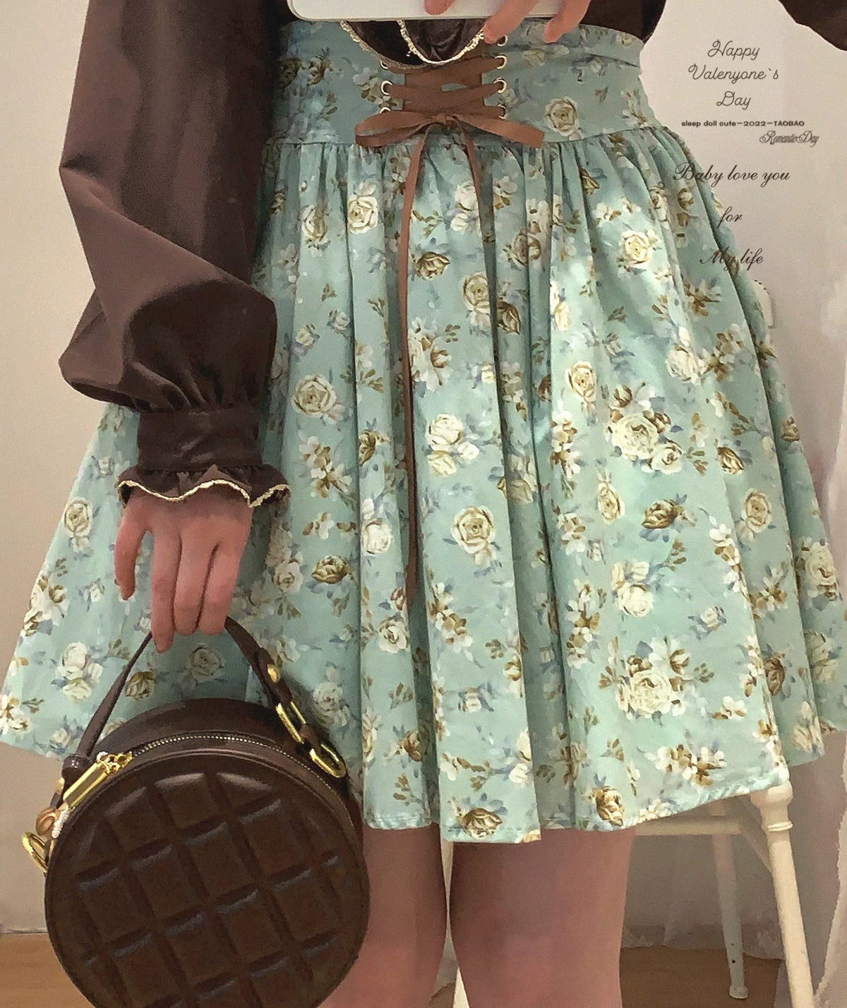 Sleepingdoll Handmade — Kingfisher Garden Mint Rose Printed Cotton Dress Half-Skirt Series