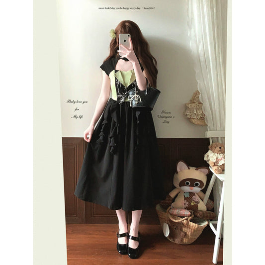 End-of-season Deal bzj Vintage New Chinese Stand Collar Buckle Color-Block Text & Bamboo Leaf Print Ruffled Hem Dress *