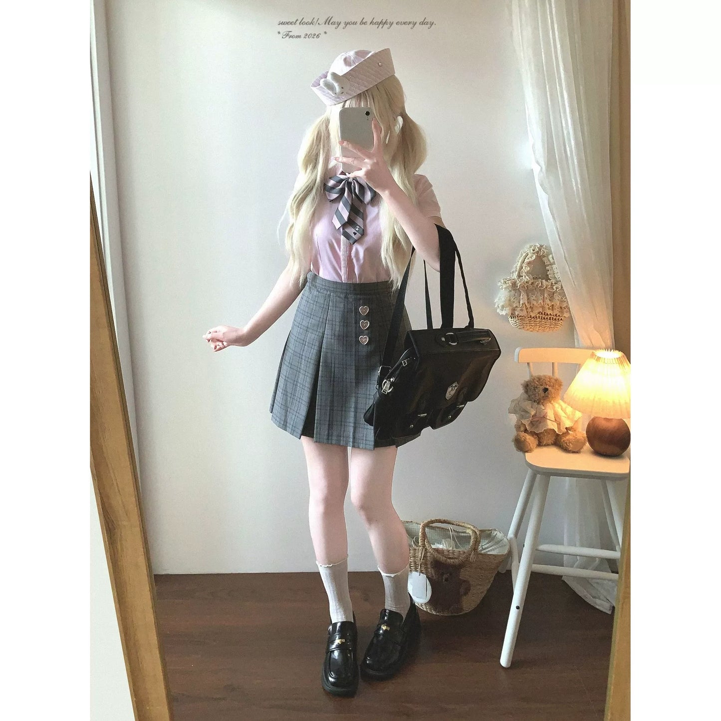 Last-Call Stock XY School Supply Loose-Fit Academy-Style Embroidered Wide-Pleat Skirt in Light Gray Tartan