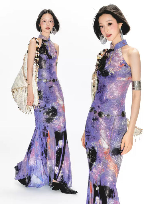 Purple Printed Halter Neck Cheongsam Dress
