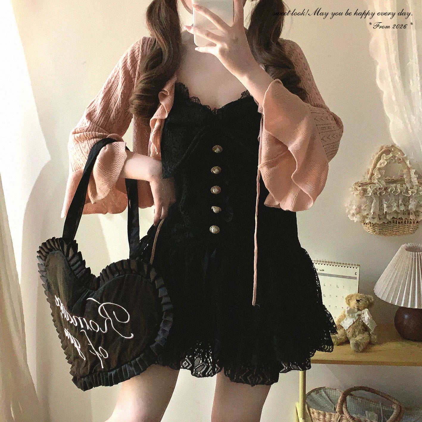 sleepingdoll Handmade* Retro Lace Sweet-and-Spicy Charm Pearl Single-Button Dress with a Big Bow