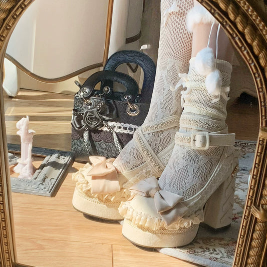 Pinkyo Original Sweet French-Inspired Elegant Bow Pink-Milk Apricot High-Heel Shoes Lace Girl Princess Shoes for a Japanese Lolita Style