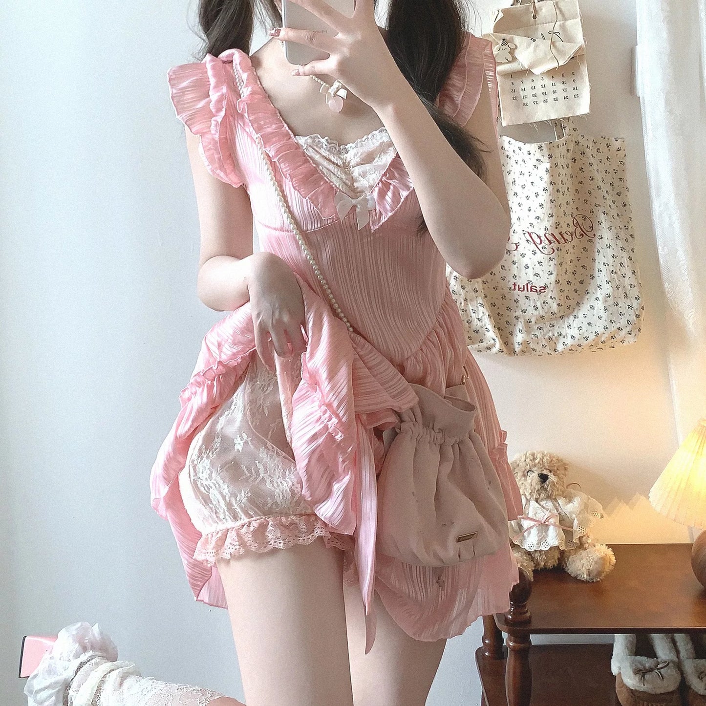 Last-Call Sweet Ruffled Hem Puff-Sleeve Lace Bow Embroidered Pure-Desire Tiered Princess Dress