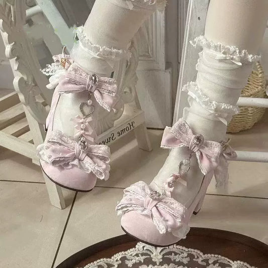 Peach Pink “Genshimei” Lolita Mary Jane Shoes with Bow, Lace & Pearls — Versatile Low-Heel Leather Shoes