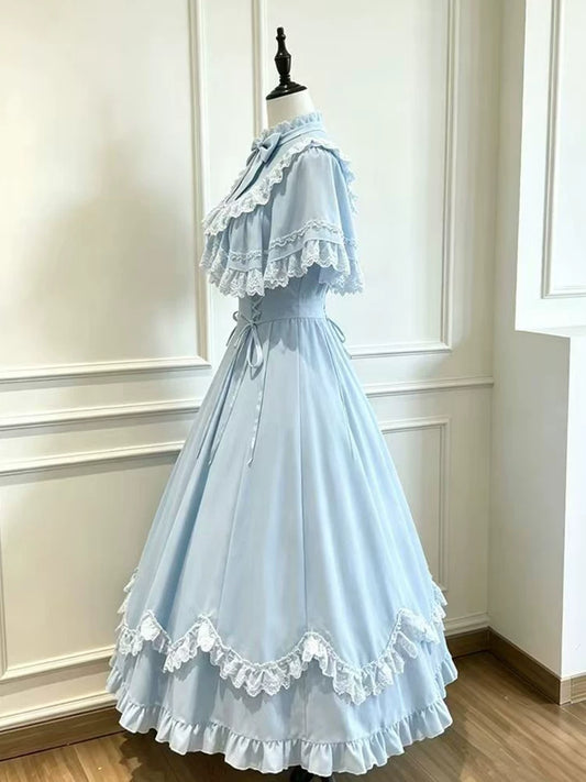 Light Blue Dream French Clear-Style Gentle “Young Lady” Design Bow Lace Panelled Cinched-Waist Short Dress