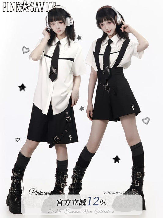 Ready Stock Shipping【Starry Plan】Casual Shirt & Suspender Shorts Set—Flattering Fit, Cool Summer Design