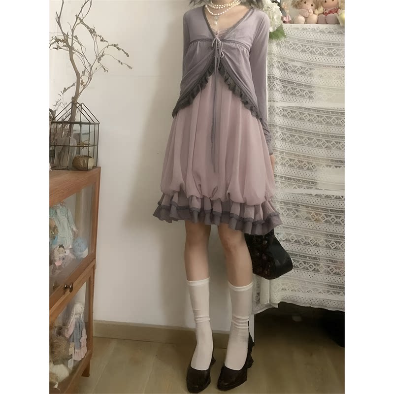 Petite Retro Japanese-Style Vintage Spaghetti-Strap Dress + Elegant, Youthful, Slimming Long-Sleeve Cardigan Set