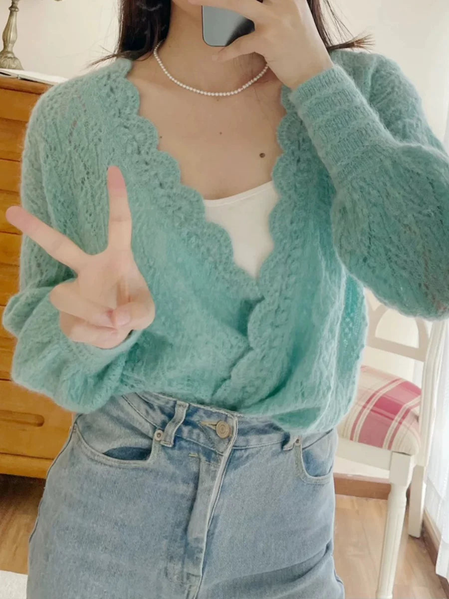Lace Open Back Mohair Sweater | French Feminine V-Neck Knit Top for Women