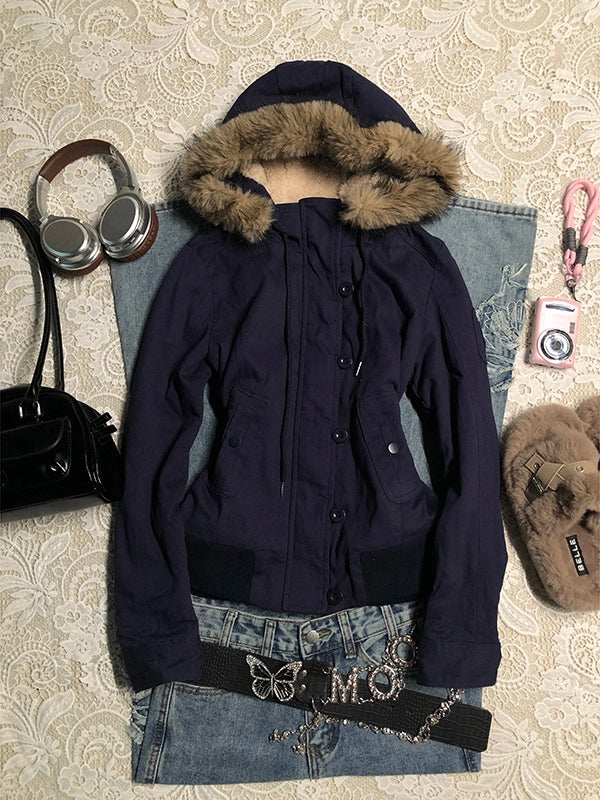 Blue lamb wool hooded jacket