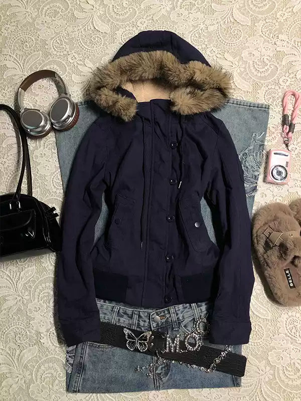 Blue lamb wool hooded jacket