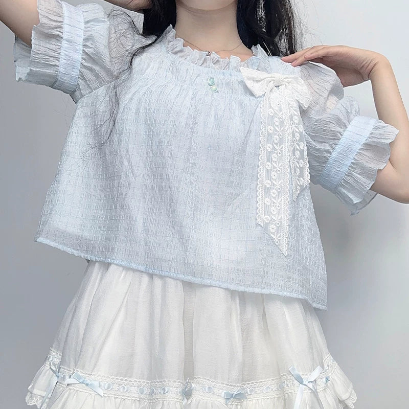 Lala Sauce Milk Flavor Original Design Blue Lightweight Chiffon Overlay Top & White “Cake Skirt” Dress Set