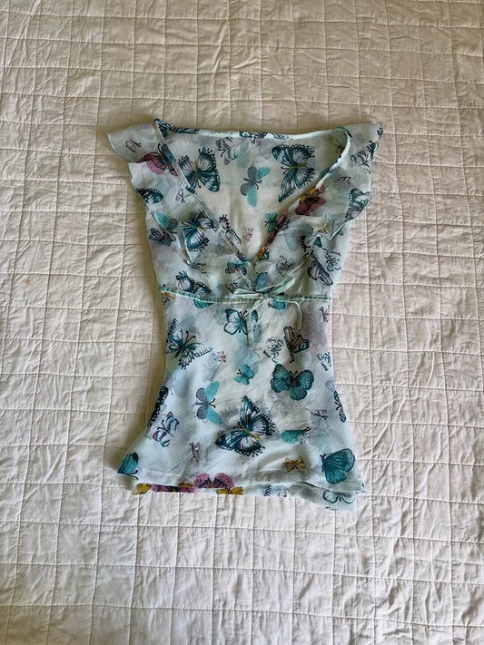 Blue Floral Ruffle Hem Cinched Waist Slimming Top for Summer, Chic Vintage-Inspired Sweet Style for Women, For a Unique Boutique Look