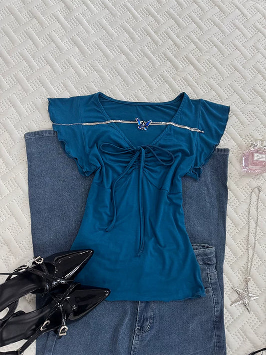 Vintage-Inspired Pure-Desire Style Blue Short-Sleeve T-Shirt for Women, 2026 Unique Design—Super Beautiful Top