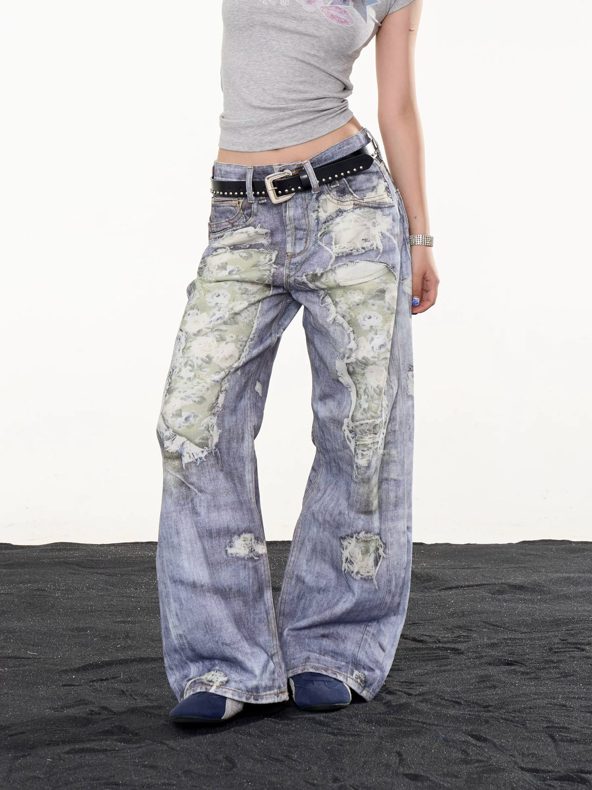 ONLPP American Vintage Streetwear Casual Distressed Print Wide-Leg Jeans for Women, Loose-Fit Statement Trousers