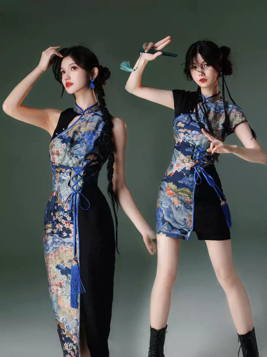 Navy Embroidery Cheongsam Dress