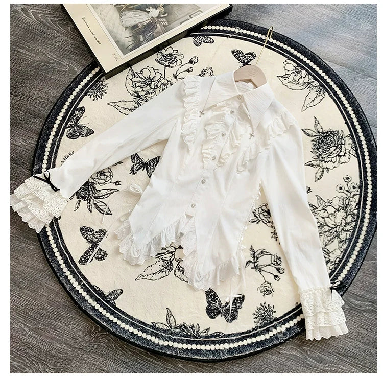 Gothic Lolita Blouse Black White Waist-Tie Shirt