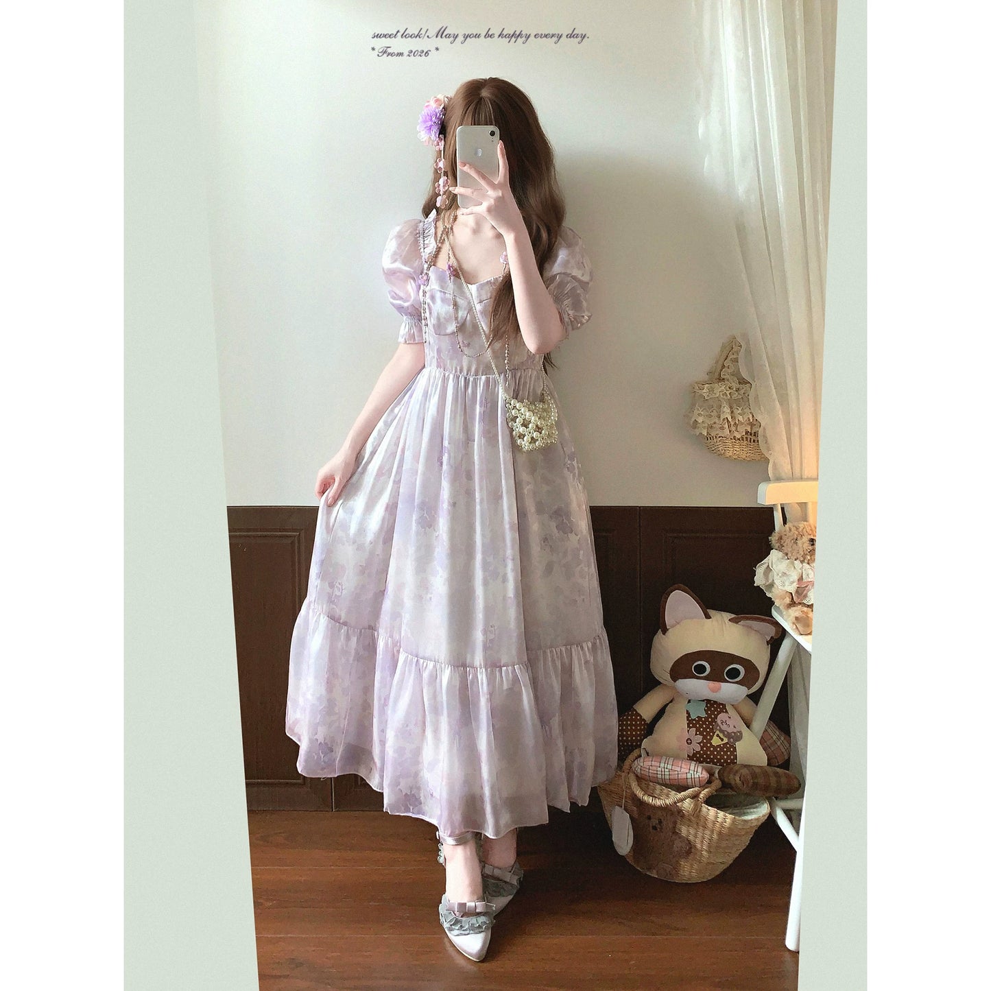 Last-Season Clearance—Vintage Square-Neck Puff-Sleeve Elegant Floral Shimmer Chiffon Dress