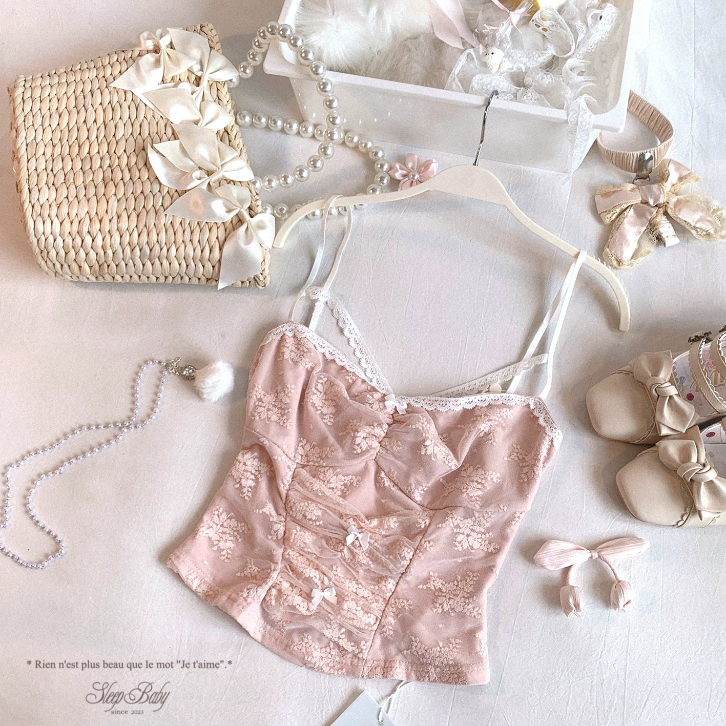 Last-Season Find joykik French Ballerina Lace Flounce Pure-Feeling Style Ruffled Bow Lace-Trim Cami
