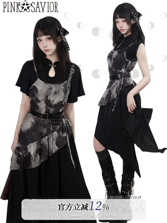 In Stock & Ships Fast 【Inkstone】 Cheongsam Collar Tencel Camisole Dress Top with Water-Ink Feel, Irregular Hem
