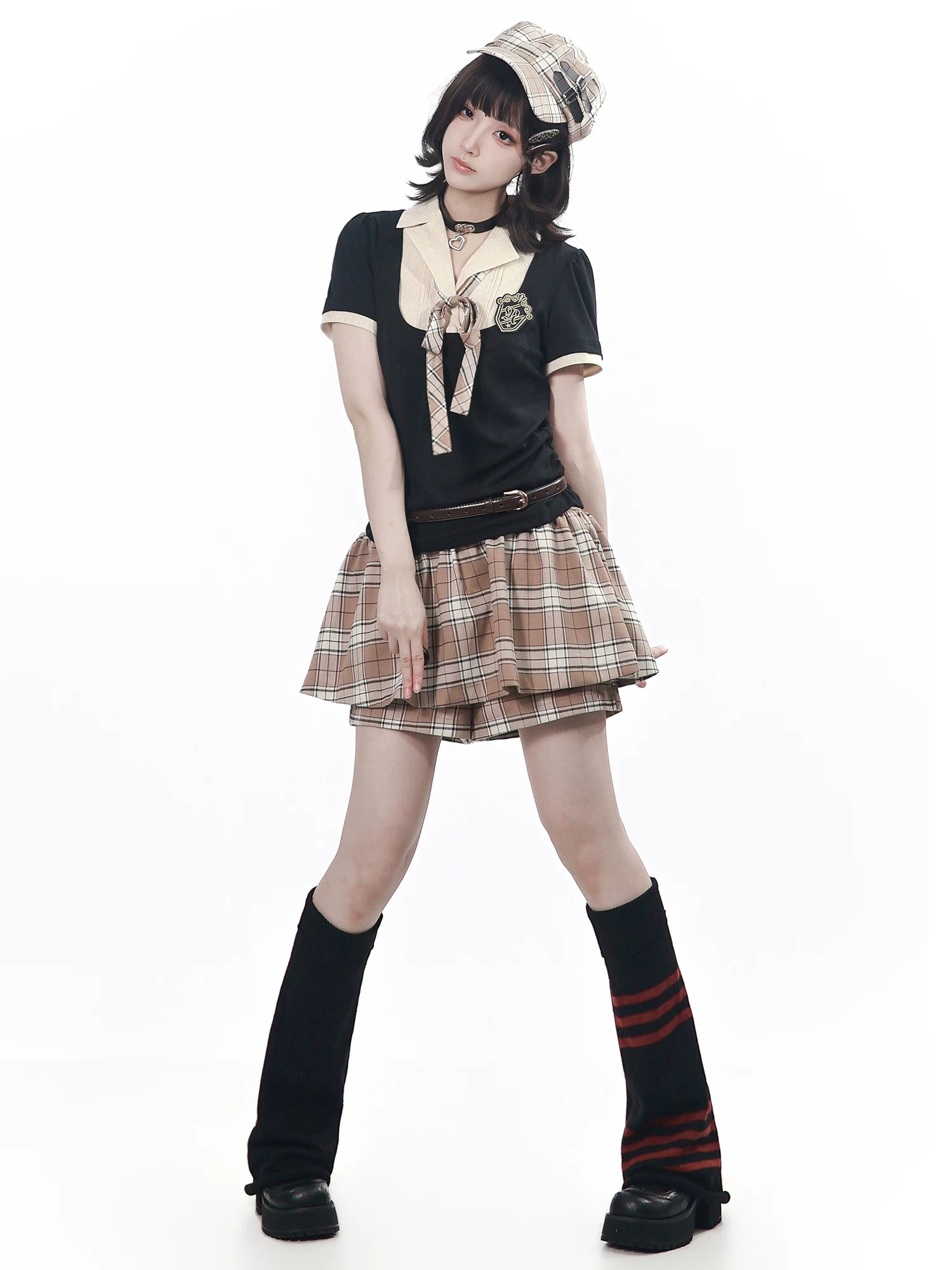 In Stock & Ready to Ship【Bailai Institute】Summer Corset-Waist Three-Color Faux Two-Piece Soft Cotton Top + Plaid Skirt-Pants Set
