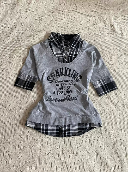 Gray plaid fake two-piece T-shirt