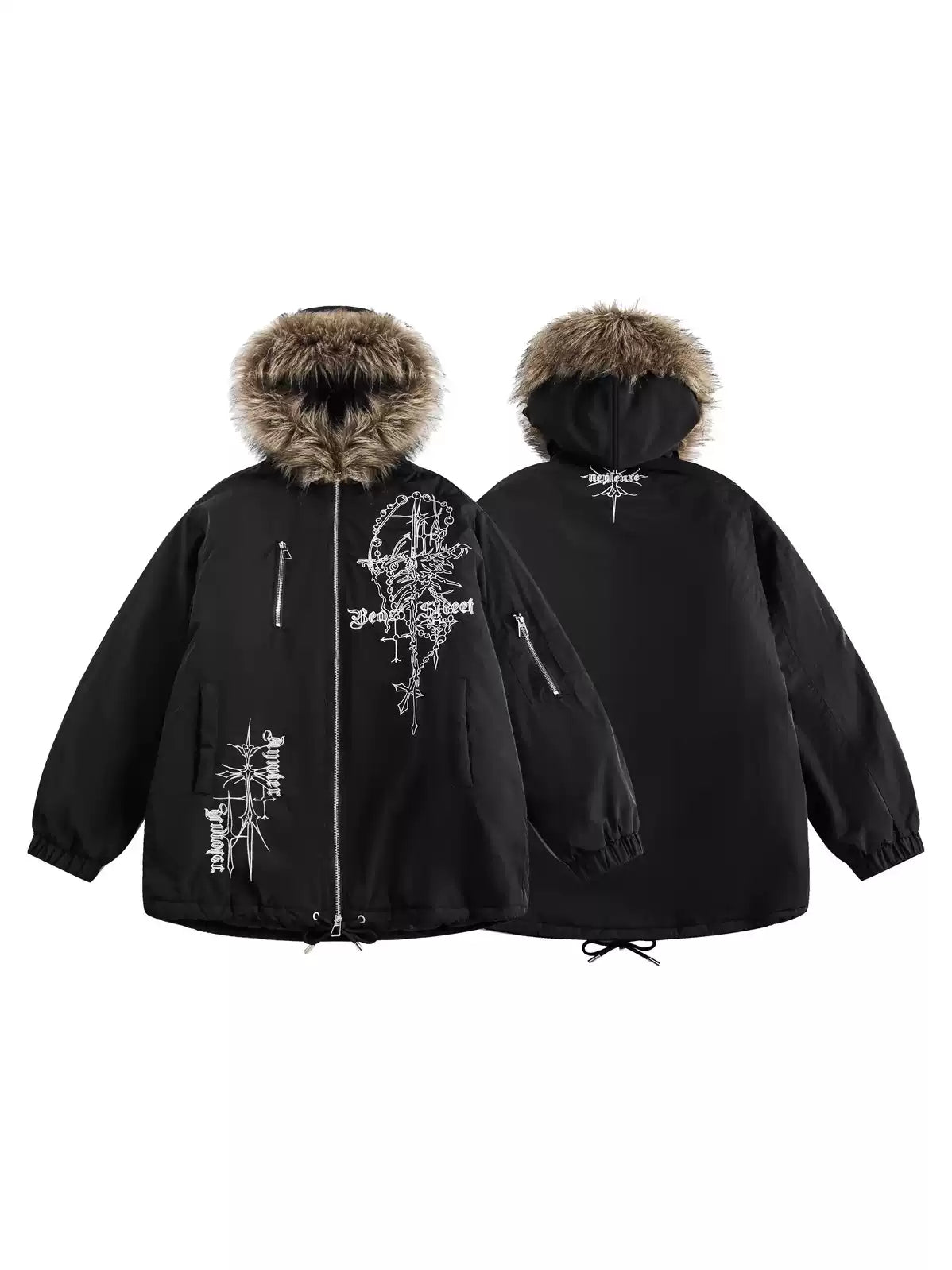 embroidered windproof fur collar hooded cotton jacket