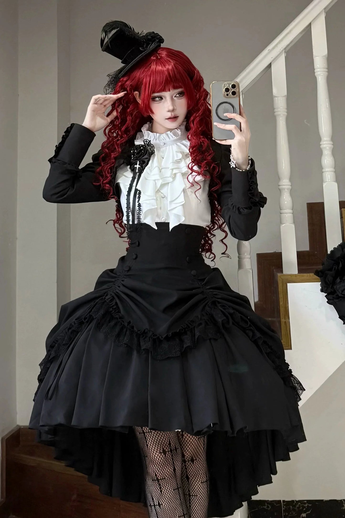 [Pre-order] Dark Gothic Black Short Jacket + White Shirt + Rose Ribbon