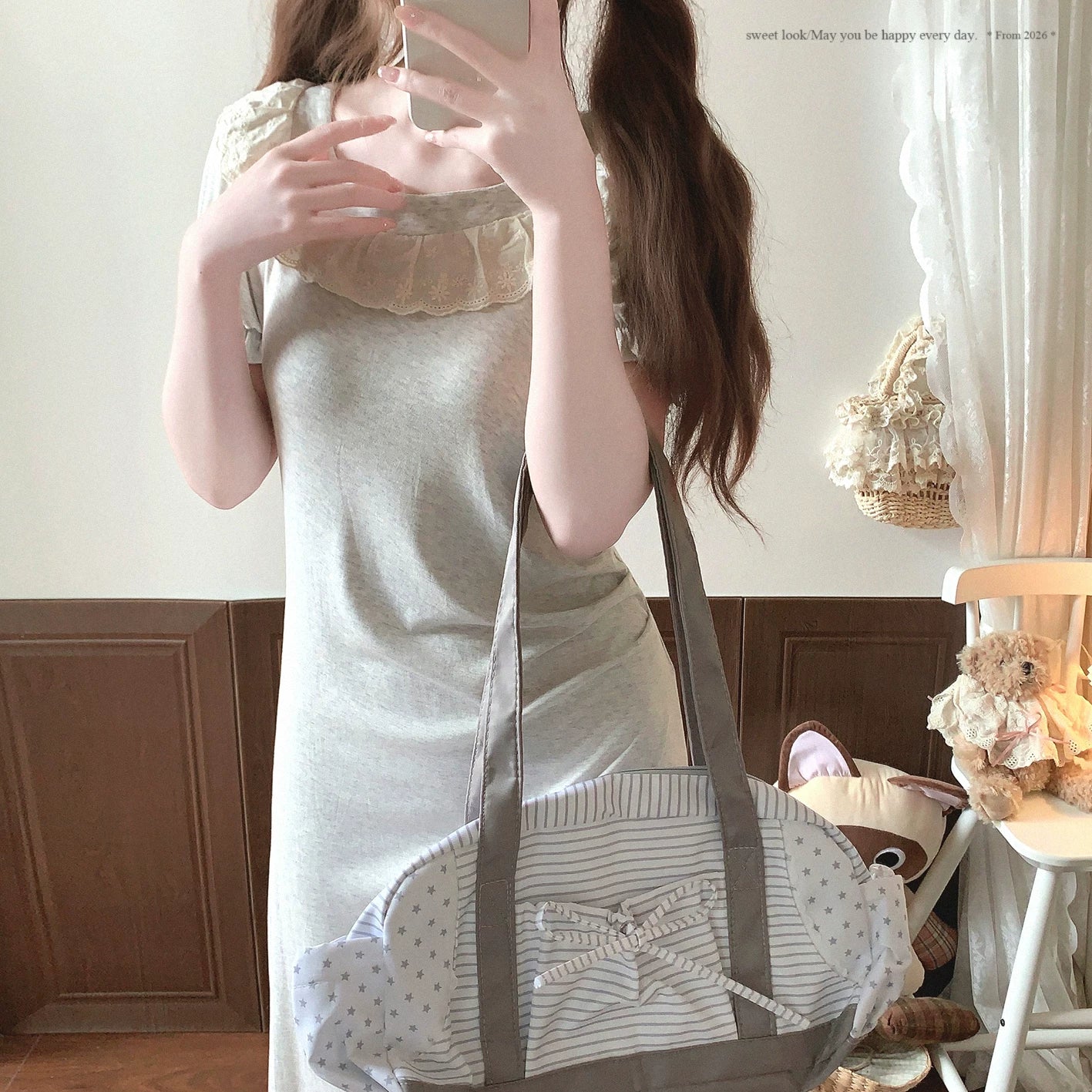 End-of-Season Soft Light Gray Korean Retro Ruffle Lace Long Dress with Short Sleeves*