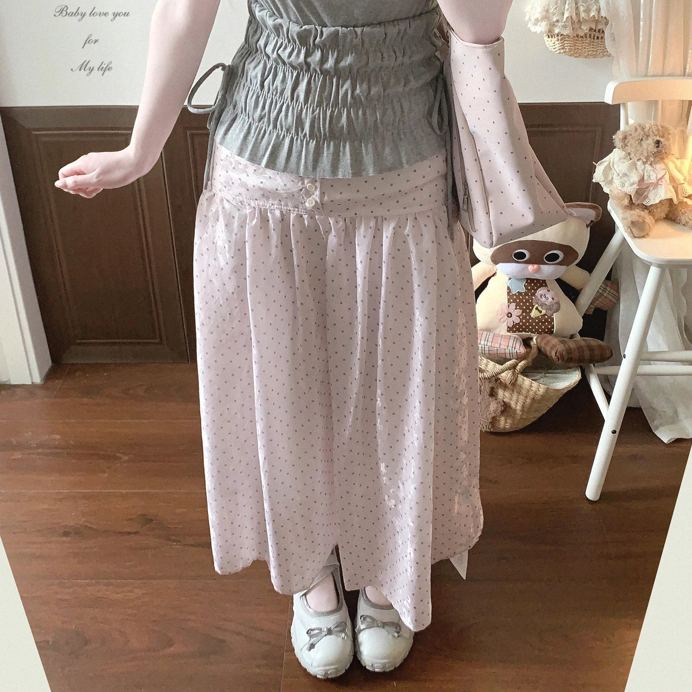 Final Stock Gray-Pink French Polka Dot High-Waist Single-Breasted Peplum Skirt with Sheeny Texture Jacquard Pattern
