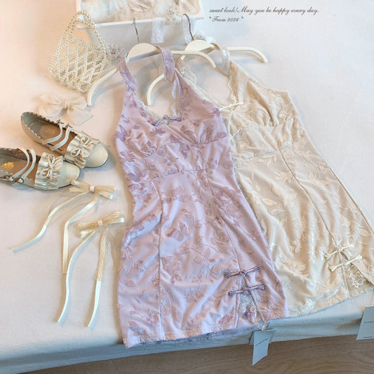 Last-Season Deal Joykik* New Chinese Retro Cloisonné-Style Button Embossed Floral Lace Halter Midi Dress