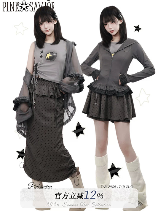 Ready Stock 【Black Fog】 Lightweight Chiffon Cardigan Sun Protection Jacket Summer Tank Dress Polka Dot Outfit Slimming