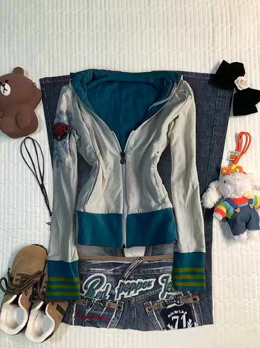 Blue contrasting white hooded sweatshirt jacket