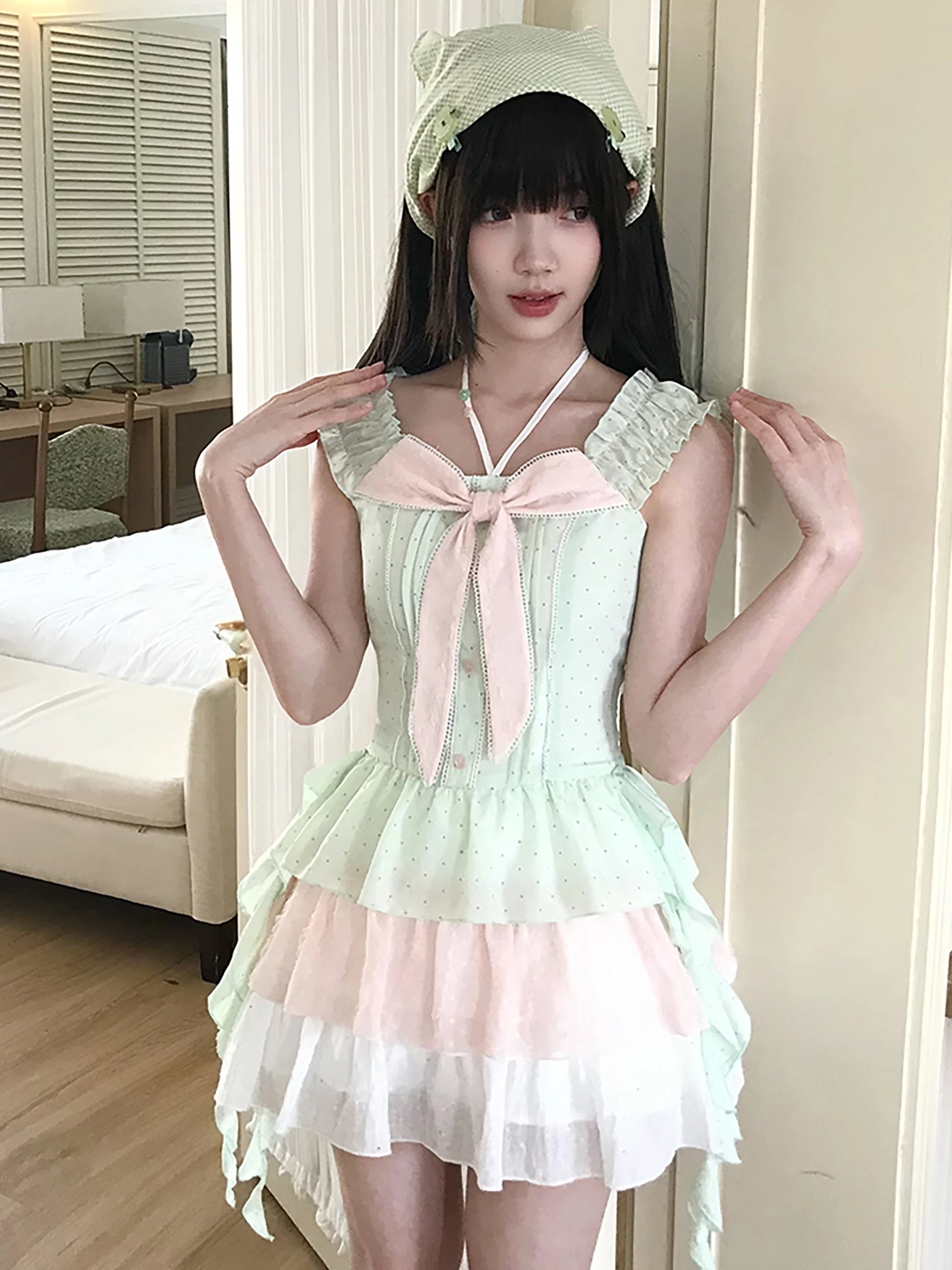LaLa Sauce Semi-Sweet Guava Gingham Dot Dress with Guava Color—Dopamine Cute Cake Dress for Women