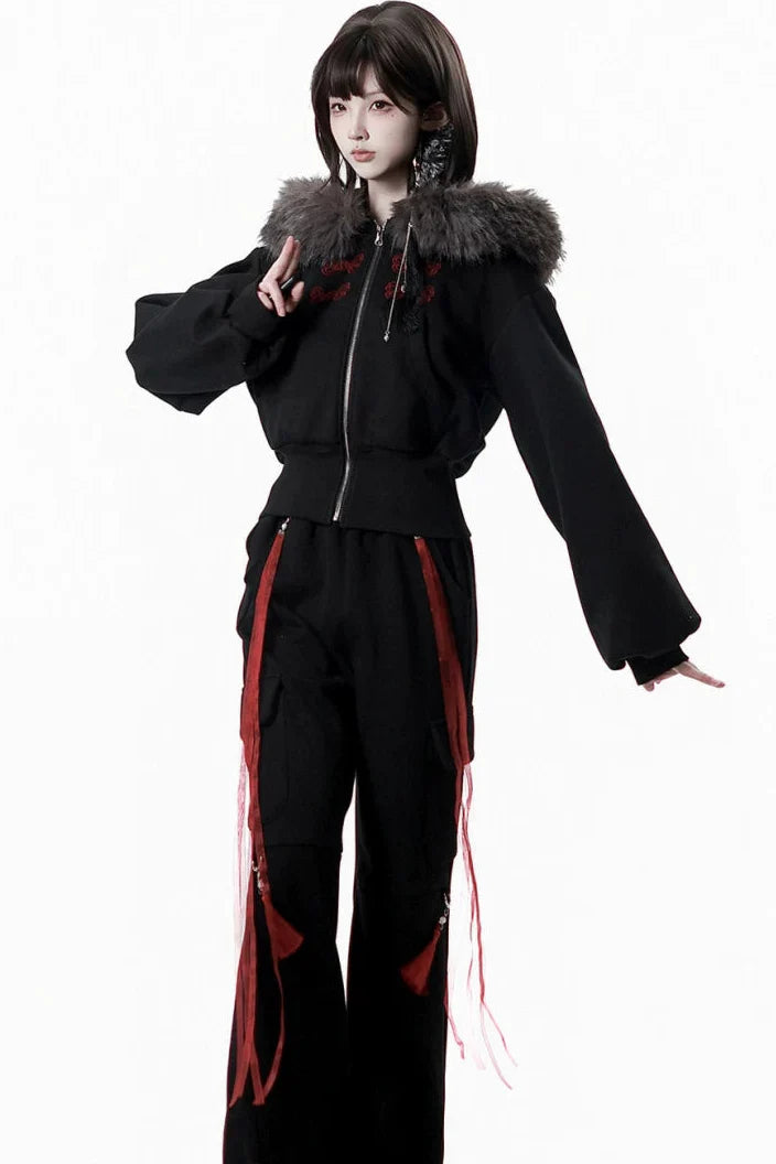 Dark Detachable Fur Jacket + Skirt + Pants