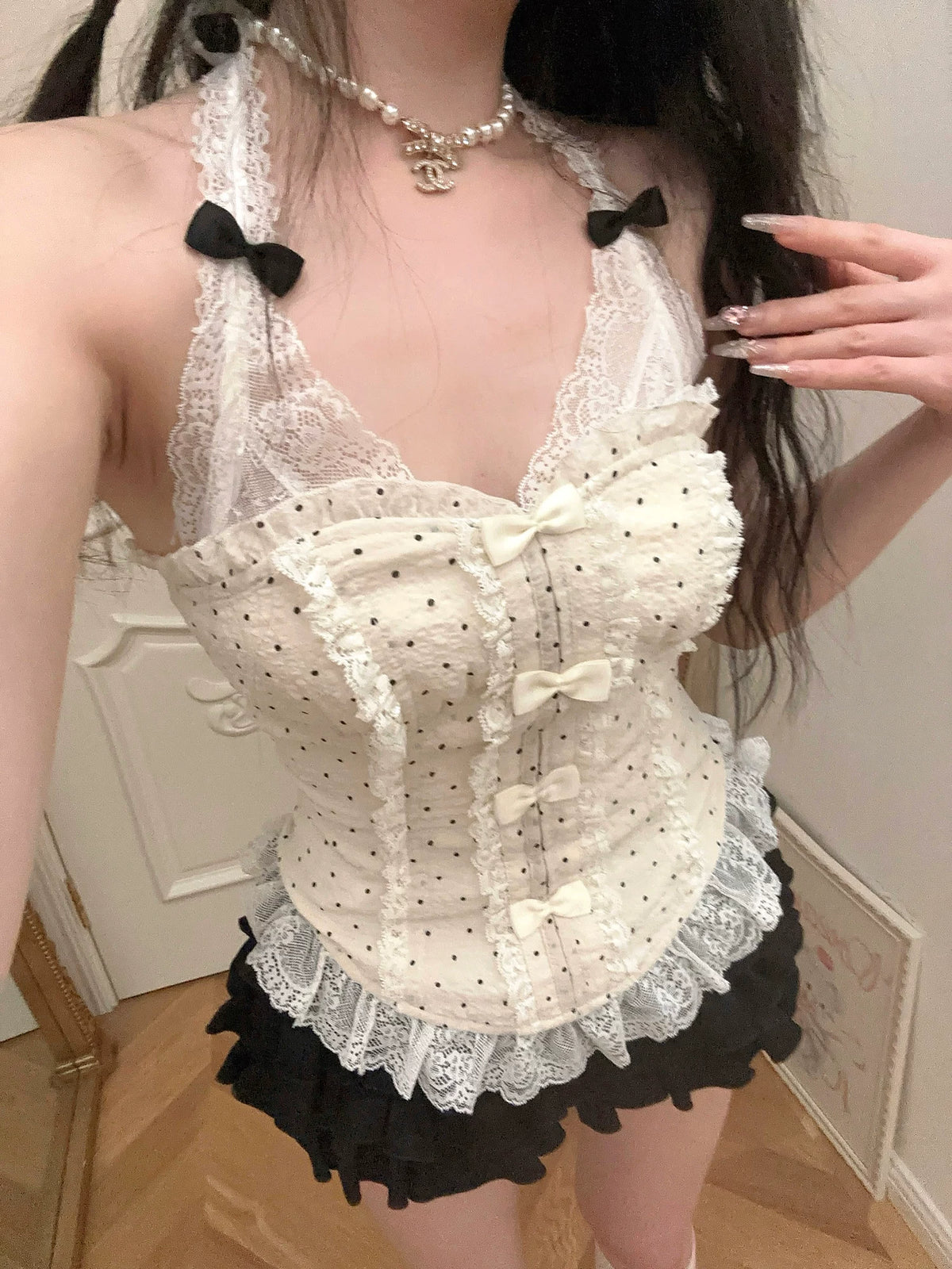 “Pinched Waist” French Girl Polka Dot Slim-Fit Chiffon Bustier Top T2324