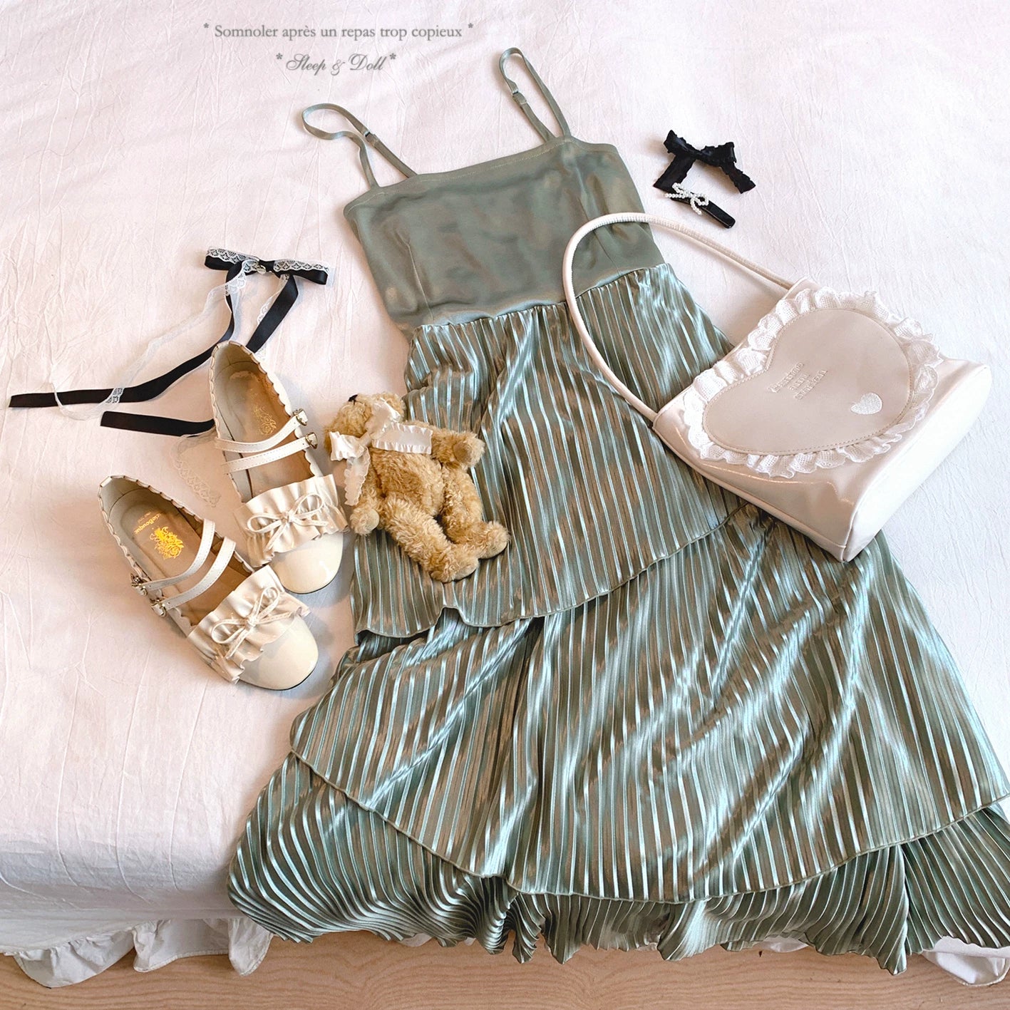 Japanese One Gr* Vintage Elegant Glossy Irregular Pleated Layered Skirt Hem Fishtail Cami Dress