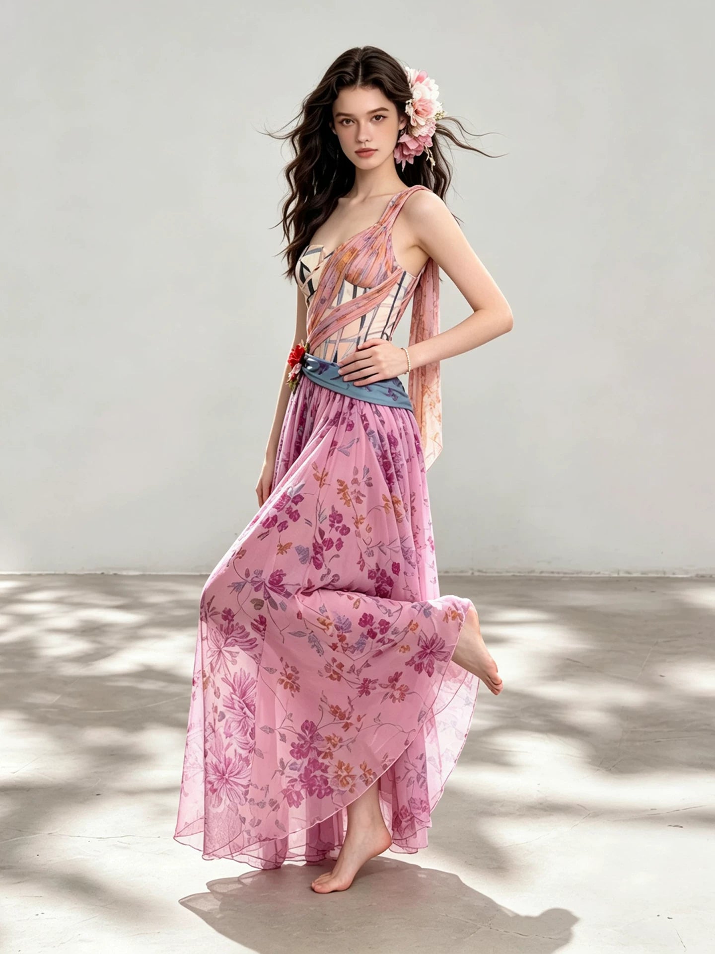 Stunning Thai Irregular Off-Shoulder Fishtail Corset-Style Bodice Floral Print Draped Cinched-Waist Dress