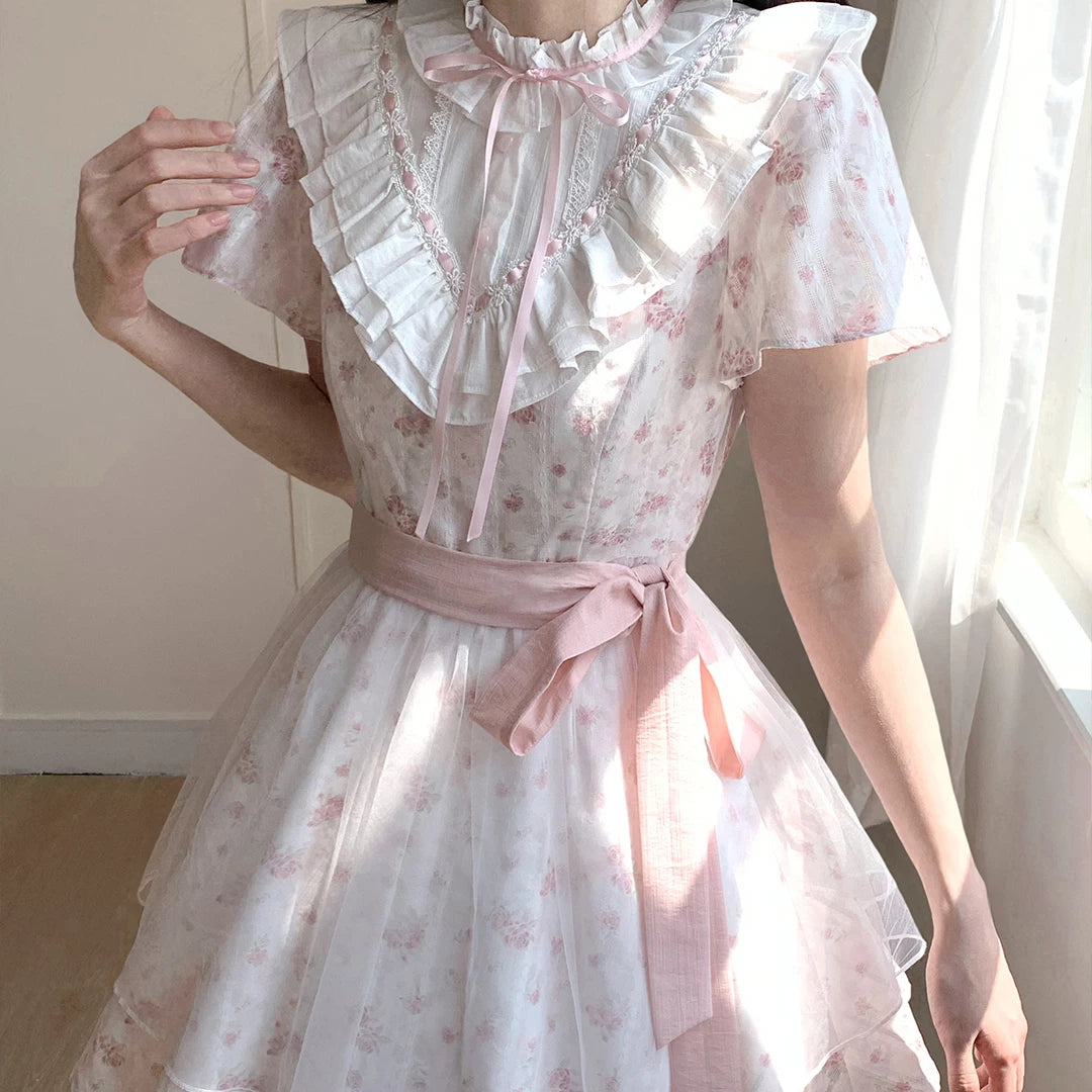 Lalac Sauce Misty Flowers Early Spring Sweet & Playful Floral Dress with 3D Lace, Cinched Waist, Tulle Mesh Short Dress for Women