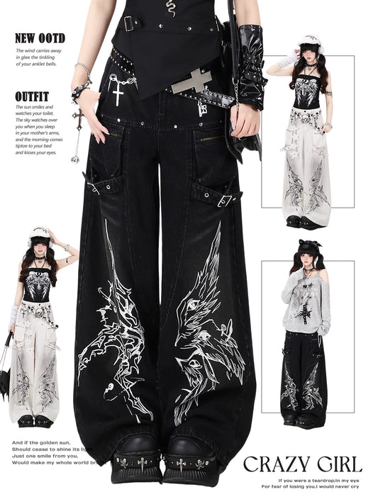 crazygirl【Workwear Tribe】 Original Gothic Streetwear-Inspired High-Waisted Wide-Leg Denim Jeans