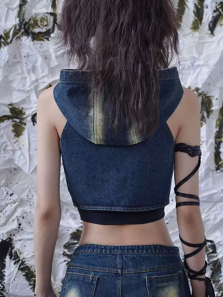 wasteland denim hooded punk rock vest