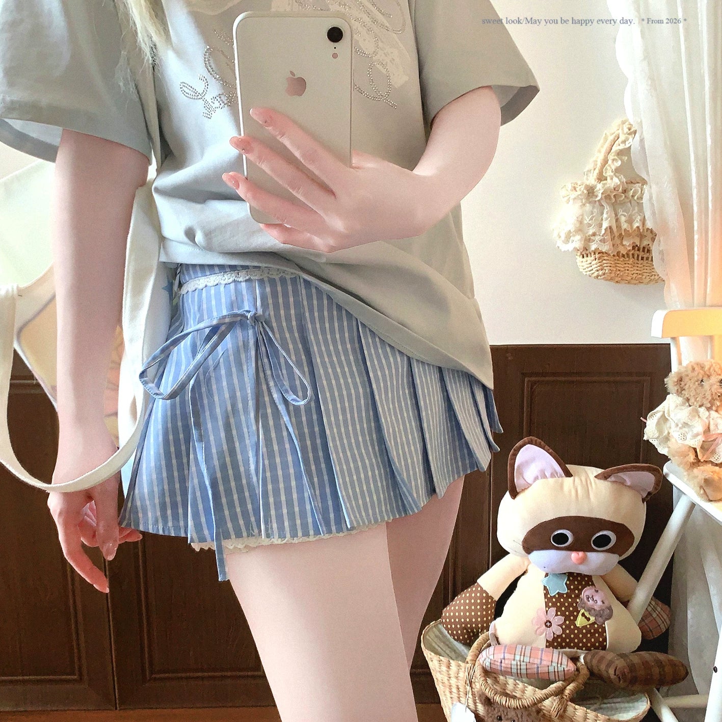 Last-Call NCX* Summer Fresh Sea-Salt Blue Check Lace Sweet High-Waisted Pleated Midi Skirt
