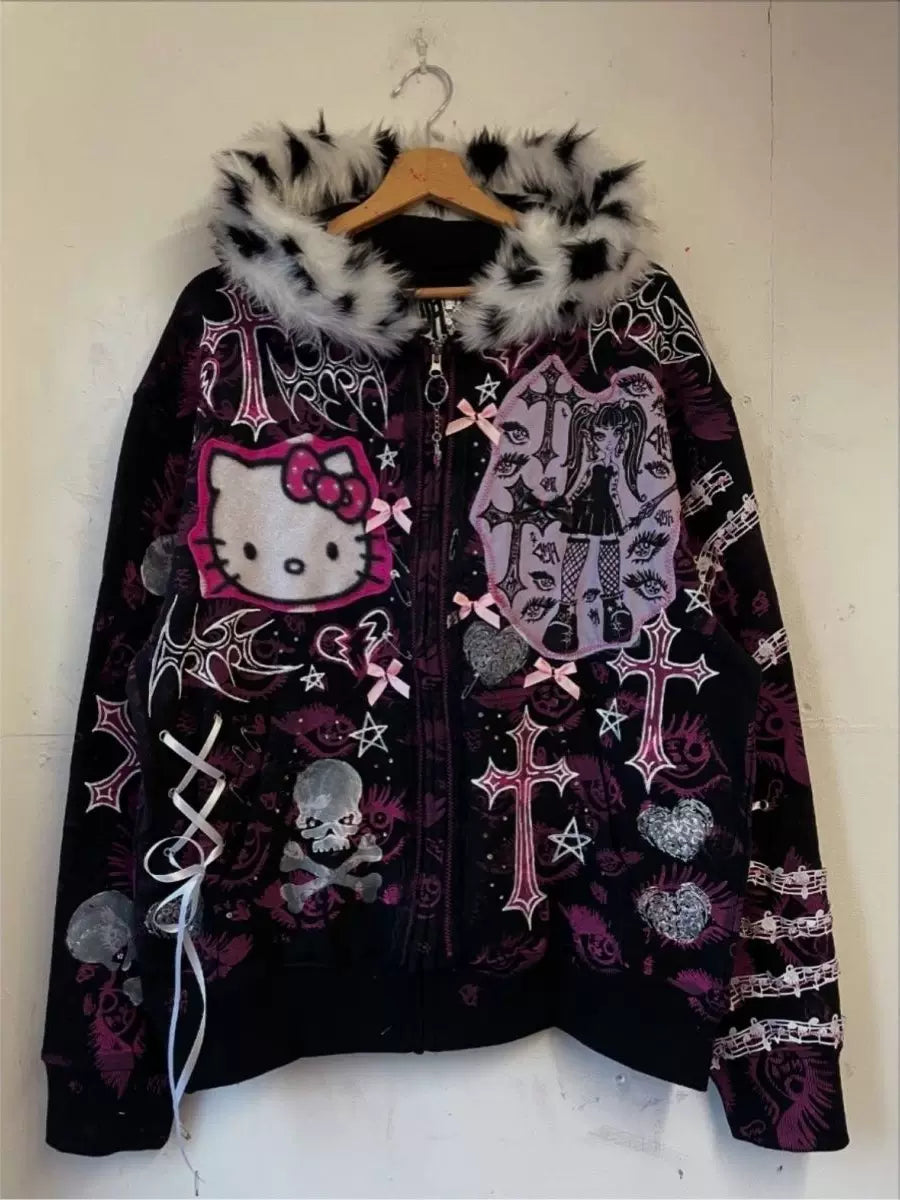 Y2K Punk Hoodie Jacket | Harajuku Gothic Graphic Sweatshirt with Cat Skull Design